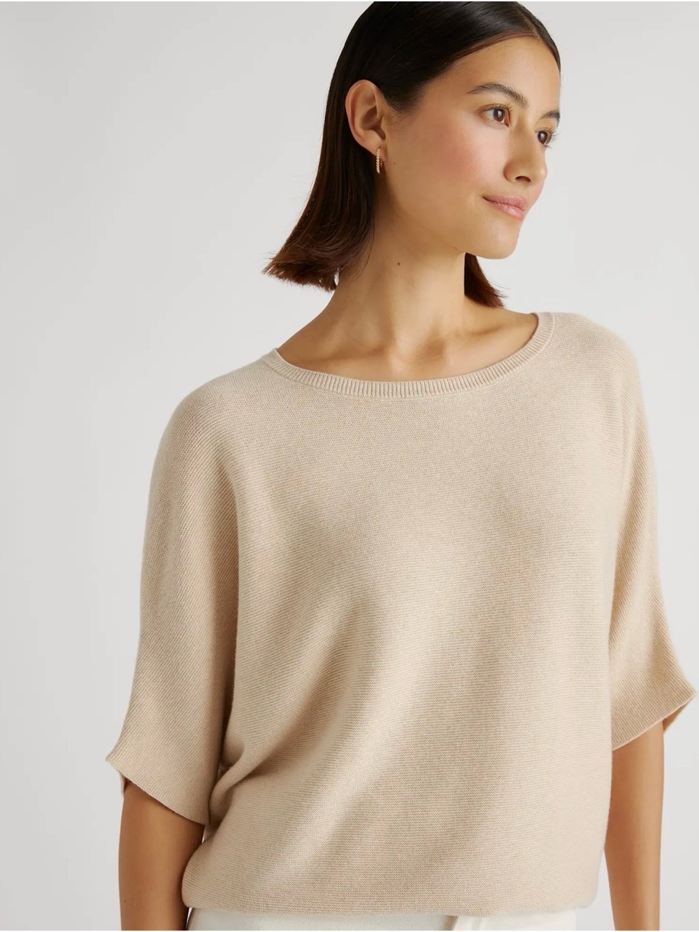 Quince Lightweight Cotton Cashmere Link-Stitch Dolman Sweater/Heather Oatmeal/M